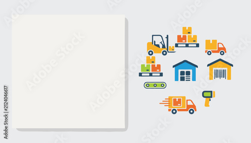 Modern flat design vector icons representing various aspects of logistics, including warehousing, shipping, delivery, and supply chain processes.