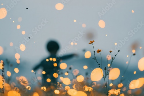 Child plays in a field of flowers at sunset with soft lights and a blurred background