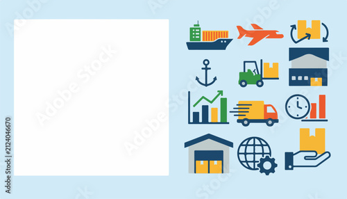 Comprehensive logistics and global supply chain management icon set, illustrating shipping, delivery, warehousing, and transportation services.