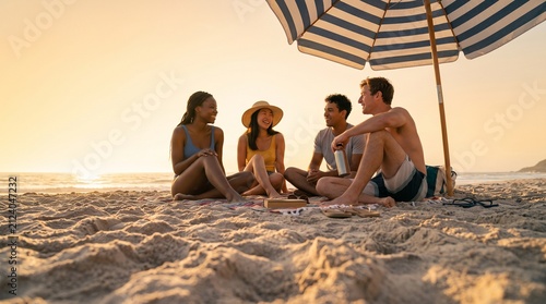 Diverse friends enjoying a beach picnic at sunset under an umbrella