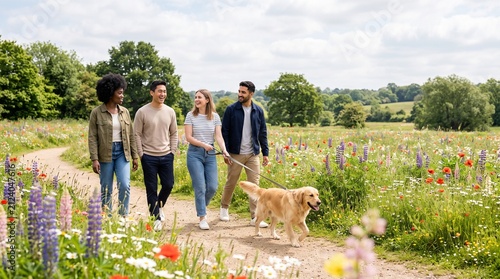 Diverse group of friends walking dog on sunny day through wildflower meadow