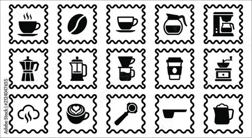 Bild auf Leinwand Coffee themed icons in black and white arranged in a grid pattern on a white bac