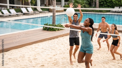 Diverse group of friends playing volleyball on a sandy beach by a swimming pool