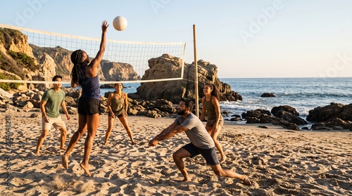 Diverse group of friends playing volleyball on a sunny beach with ocean backdrop