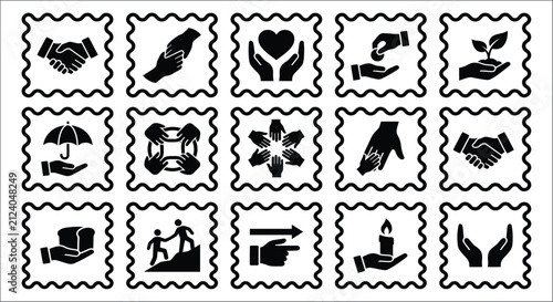 Foto Collection of hand themed icons in black silhouette style against a white backgr