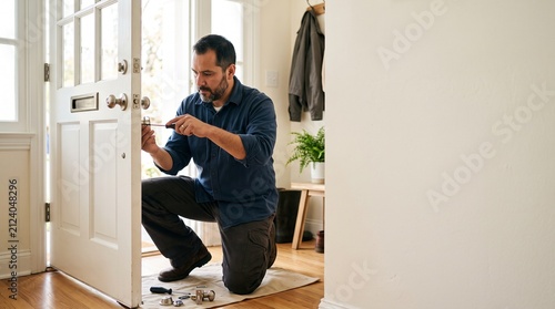 Man repairing a door lock with a screwdriver at home