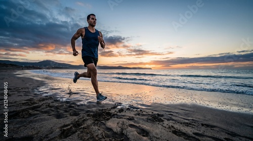 Man running on beach at sunset