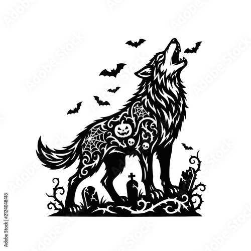 Werewolf howling in Halloween Gothic black silhouette with bats, ornate spooky paper cut art SVG 