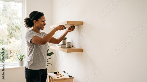 Woman installing floating shelves on wall with screwdriver