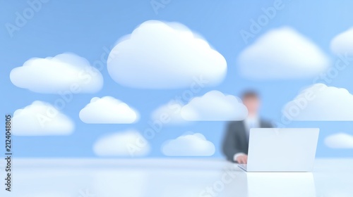 A businessman works on a laptop surrounded by cloud icons, symbolizing cloud computing and digital technology.