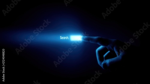 A hand is reaching out to touch a glowing search bar, symbolizing digital interaction and online searching in a dark, futuristic setting.