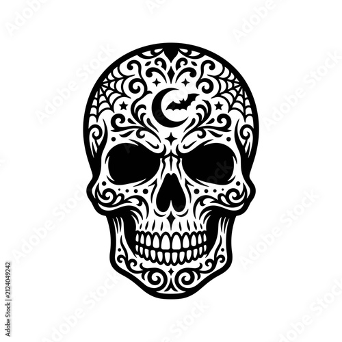 Ornate black silhouette skull with floral patterns for Halloween decoration, ornate spooky paper cut SVG  