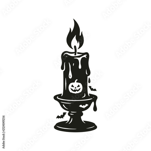 Candle with skulls Halloween Gothic Black Silhouette in ornate style, Paper Cut SVG  