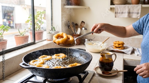 Traditional golden picarones are deep fried in a large pan of oil in a bright rustic kitchen