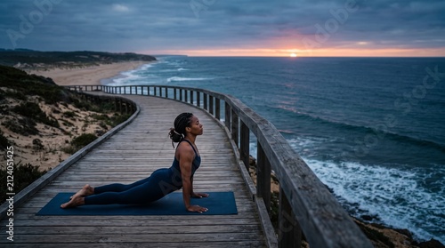 Woman practices yoga cobra pose on boardwalk overlooking ocean at sunrise