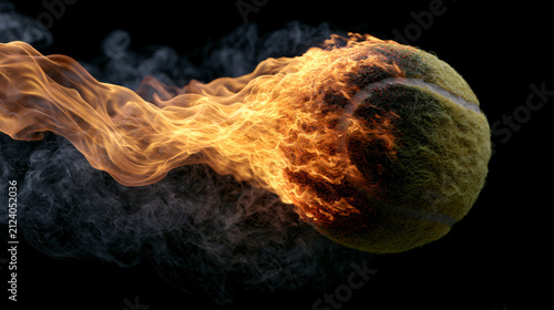 Vibrant tennis ball engulfed in flames with a trail of smoke showcasing the thrill of high energy sports competition