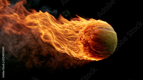 A vibrant tennis ball soaring through the air engulfed in flames for an eye catching visual experience