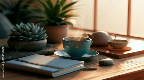 Warm morning atmosphere featuring a cup of tea nestled among lush plants and open notebooks