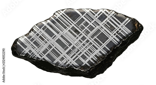 Polished black agate stone slice featuring intricate white grid pattern isolated on white background natural mineral specimen geological rock texture with rough edges