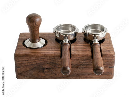 Wooden espresso coffee tamper and double portafilter station set isolated on transparent background