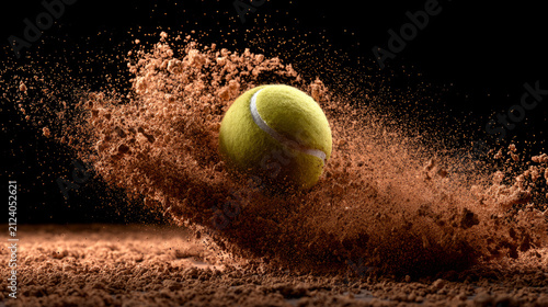 A vibrant tennis ball soaring through the air leaving a trail of dust on a sunlit clay court