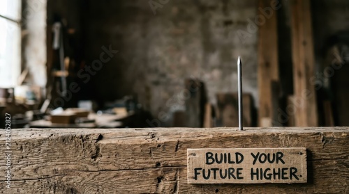 A solitary nail pierces a weathered wooden beam beneath a rustic sign, symbolizing the construction of one's future.