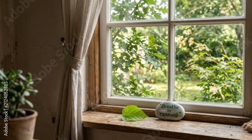 A stone with the words Breathe in Renewal rests on a windowsill overlooking a lush green garden on a bright day.