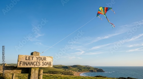 A vibrant, colorful kite soaring high in the expansive blue sky above a coastal landscape with a wooden sign