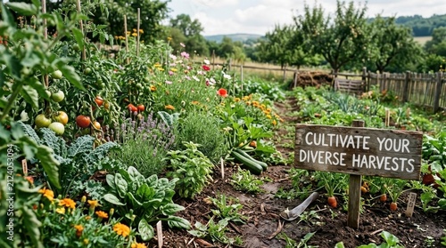 A vibrant, diverse vegetable and flower garden bursting with fresh produce and blooming plants in a sunlit rural setting.