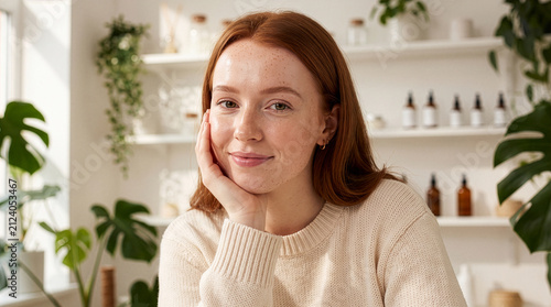 Radiant Irish Woman Resting Chin on Hand in Skincare Studio