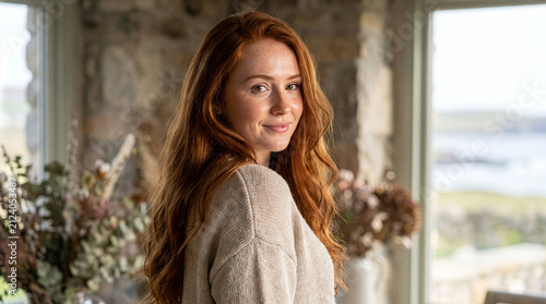 Radiant Irish Woman Glancing Over Shoulder for Beauty Commercial