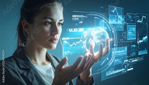 AI-Powered Financial Hologram:A woman looking at a holographic screen with data and graphs in a futuristic setting.
