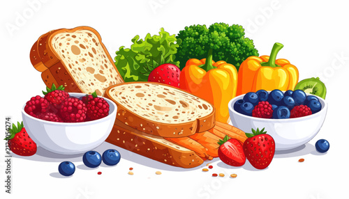 Healthy breakfast spread with whole grain bread and fruit.