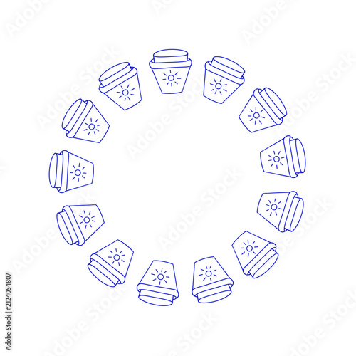 Cute round frame with doodle outline cups to go isolated on white background. Wreath with hand drawn take away cups and sun symbols. Perfect for packaging, tea branding, posters, etc.