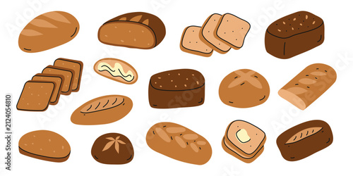 Set of cute hand drawn flat bread, loaf, toasts with butter isolated on white background. Modern baked goods and pastries for breakfast and lunch. Great for bakery branding, packaging, posters, etc.