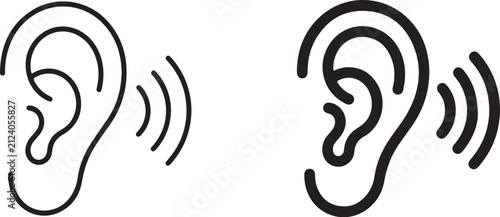 Minimalist ear icons with sound waves, black line art hearing symbols, human ear vector set for medical and audio apps