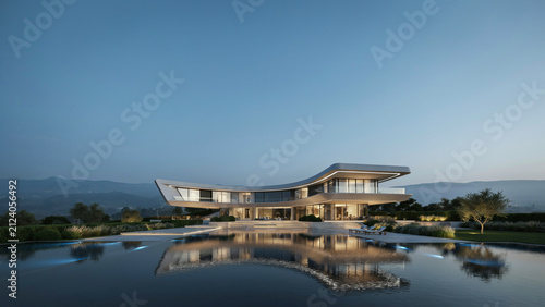 Modern luxury yacht docked at marina with illuminated and calm water at dusk