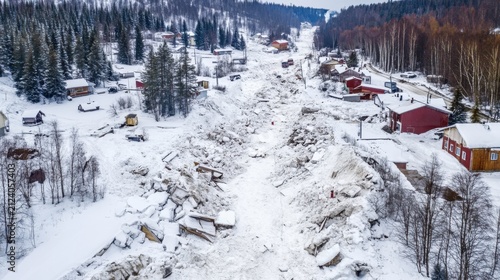 Aerial view of a devastating avalanche aftermath in a snowy village