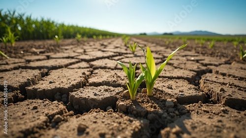Young Corn Plants Growing on Dry Cracked Soil in Field Under Clear Blue Sky representing Drought