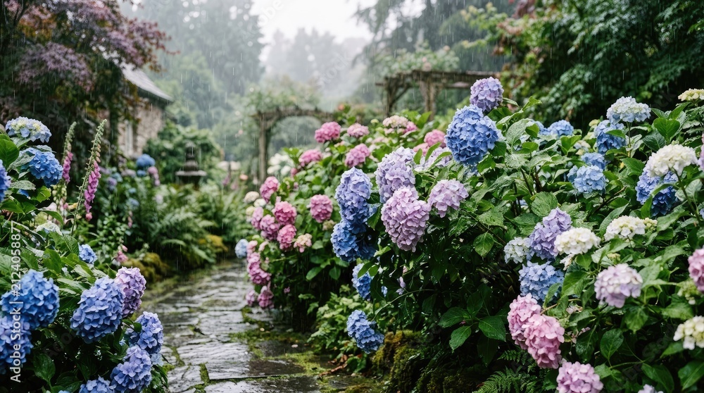 Obraz premium A lush garden is overflowing with vibrant hydrangeas in shades of blue, pink, and purple.