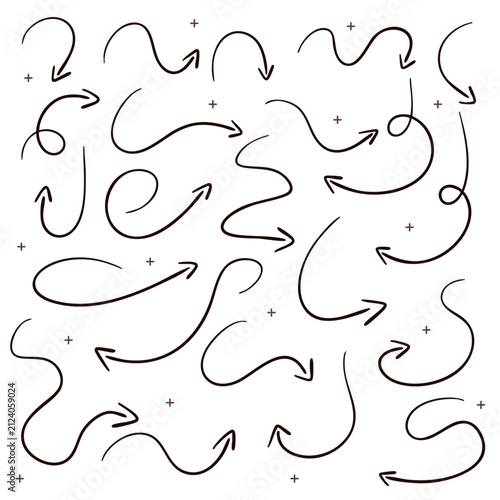 Hand drawn line arrows icons set collection. Arrow vector elements hand drawn arrows brush stroke curly arrow collection