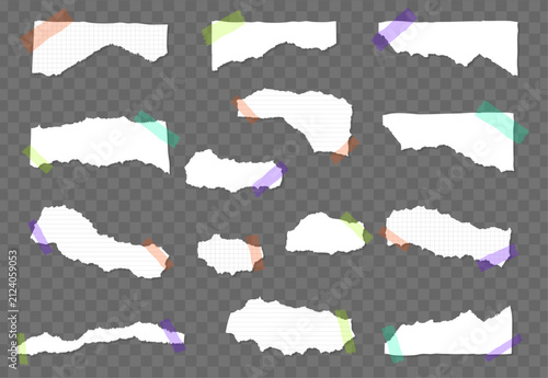 Ripped Torn Paper Sheets with Colorful Sticky Adhesive Tape Vector Set.