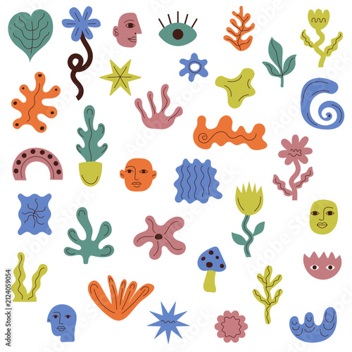 Hand drawn naive, bizarre abstract geometric shapes and forms. Modern contemporary figures, various organic shapes and doodle objects, vector graphic elements