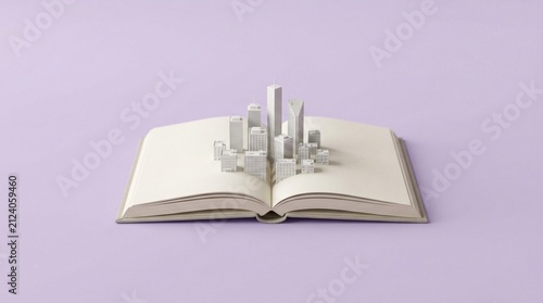 White miniature paper city inside open book on purple background urban planning and knowledge concept 3d render