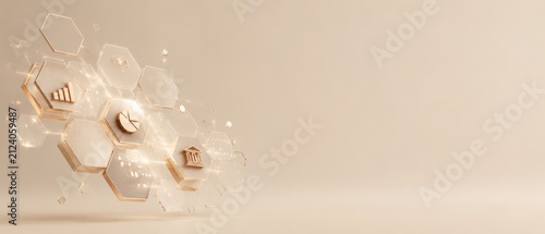 Abstract hexagonal shapes with financial icons representing data analysis and growth trends in a modern design
