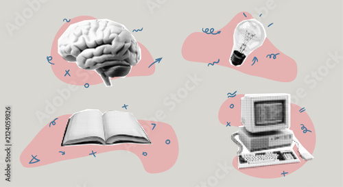 Creative Concept Icons: Brain, Lightbulb, Book And Vintage Computer Illustrations Representing Ideas And Learning