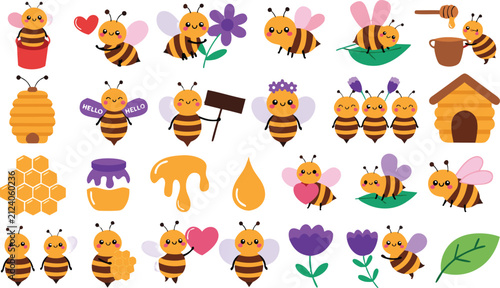 Cute cartoon bees with wings hearts flowers and honey related objects on transparent background