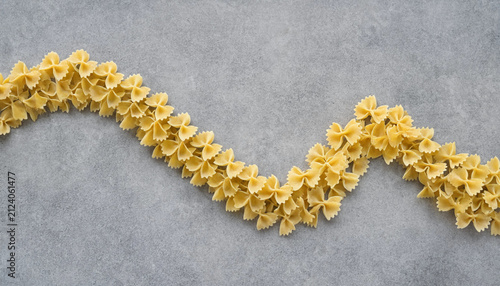 A wavy line of raw farfalle bow tie pasta shapes arranged on a grey textured background, creating a flowing, pattern across the, frame surface