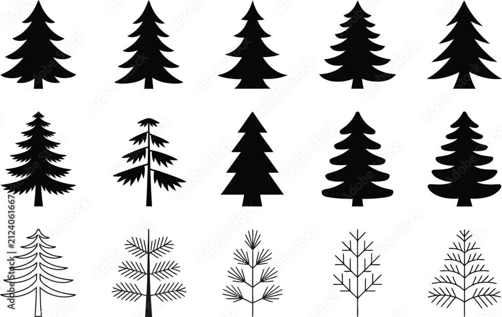 Obraz premium Collection of Evergreen Pine Tree Silhouettes and Outline Icons Isolated for Forest Nature Design and Creative Projects