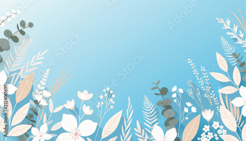 Minimalist summer floral background with white blossoms and light brown leaves on a soft blue gradient